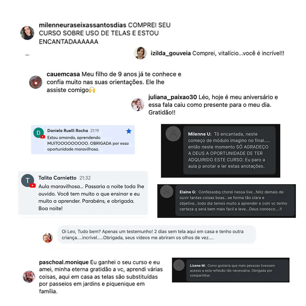Mural de comentários reais de mães que fizeram o curso de telas do Leo: '2 dias sem tela e tenho outra criança', 'as telas foram substituídas por passeios em família'